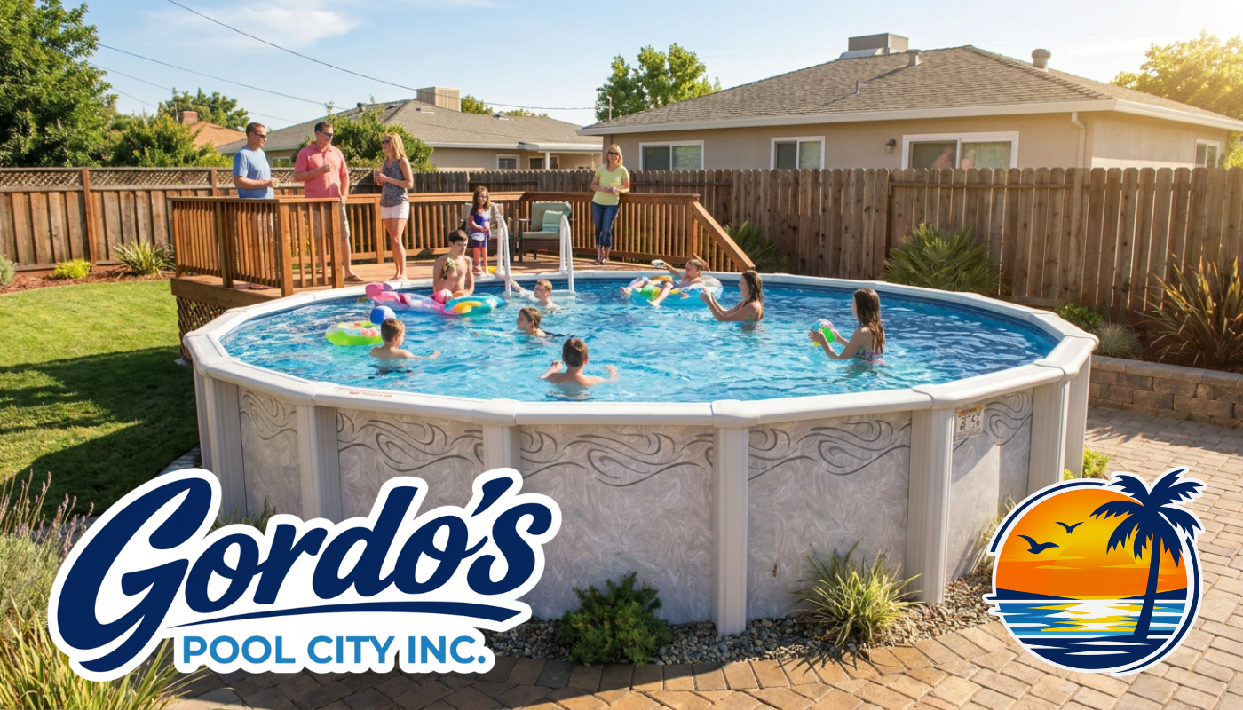Family enjoying a Doughboy above-ground pool installed by Gordo's Pool City in a Central Valley backyard
