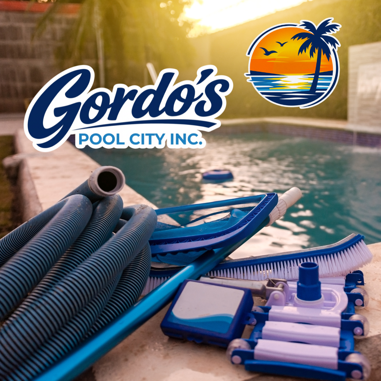 Pool cleaning supplies and tools at a backyard pool